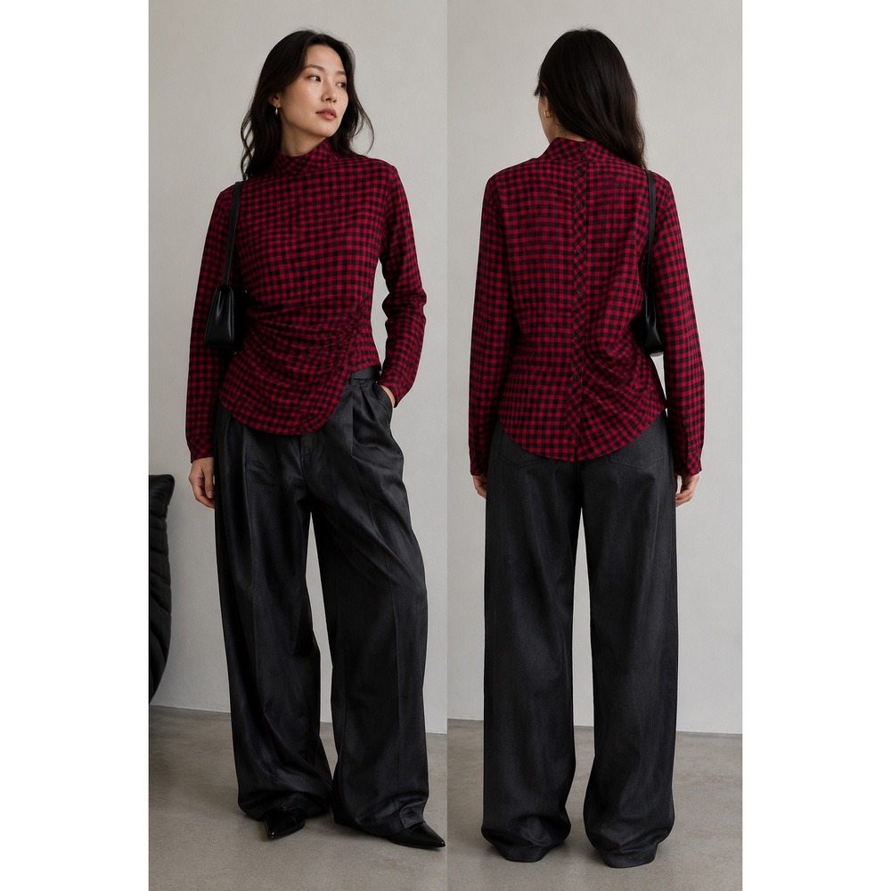 Zara Red Black Gingham Check Mock Neck Draped Button Back Top M